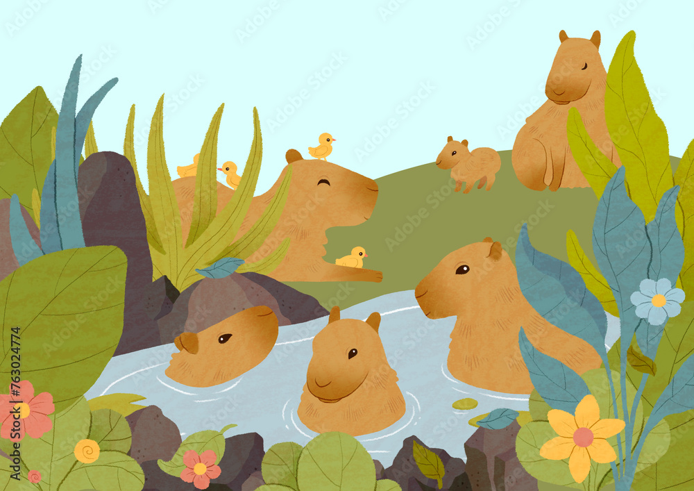 Capybara illustration. Hand drawn cute cartoon rodent art.  Postcard template