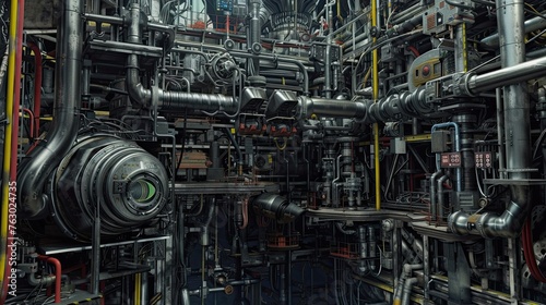 Factory, industrial illustration, metal, steel, realistic style, work environment, modernism, futurism, cleanliness, neatness, pipes, mechanisms. Self replicating AI concept. Generative by AI
