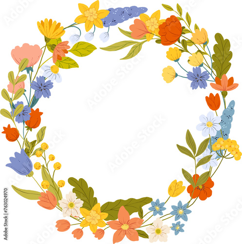 Wildflower wreath. Botanical illustration with colorful flowers. Transparent background.
