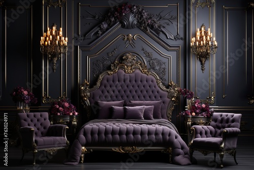 stylist and royal Design of luxury bedroom with dark interior, space for text, photographic