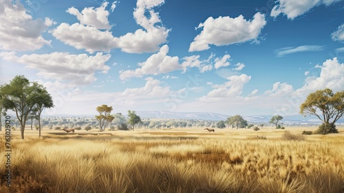 Antelopes, rare trees, mountains in the background, Africa, safari, nature, animals, meadow, ecosystem, realistic image, clouds, wind. Hunting and travel concept. Generative by AI