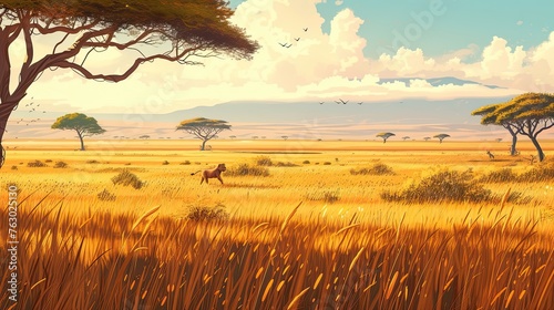 Lion and birds  rare trees  mountains in the background  Africa  safari  nature  animals  meadow  ecosystem  realistic image  clouds  wind. Hunting and travel concept. Generative by AI