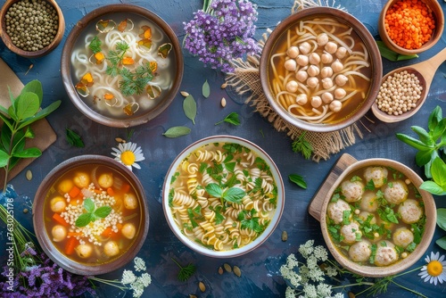 Soup Collection, Noodle, Meatballs and Chickpea Soups on a Rustic Background Top View, Various Broth photo