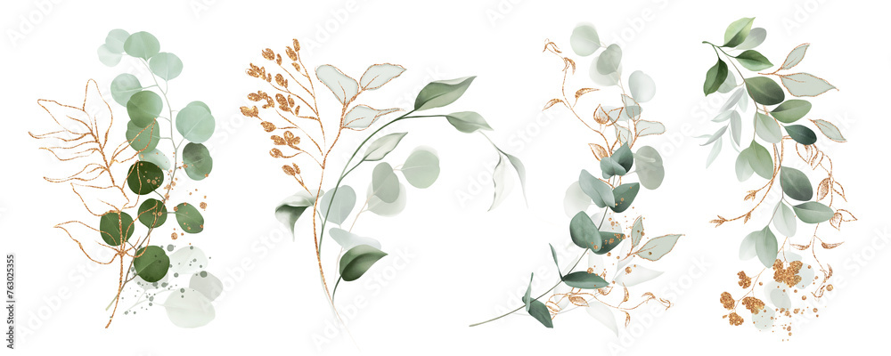 Watercolor bouquet of leaves and eucalyptus branch with gold. Botanical herbal illustration for wedding or greeting card. Hand painted spring composition isolated on white background.