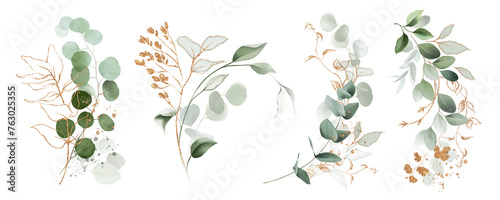 Watercolor bouquet of leaves and eucalyptus branch with gold. Botanical herbal illustration for wedding or greeting card. Hand painted spring composition isolated on white background.