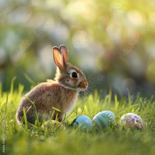 Cute Rabbit, Bunnies and Easter Eggs on Spring Meadow, April Celebration Background, Easter Card