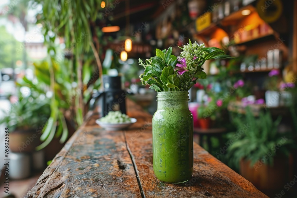 A green smoothie in a jar on top of wooden table. Generative AI. A green smoothie in a jar on top of wooden table. Generative AI.