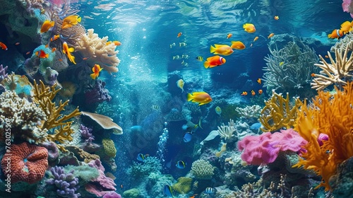 Underwater world, corals, sea life, fish, dark colors, natural environment, flora and fauna, sun rays, water, aqua, sea, ocean, realistic style. Generative by AI