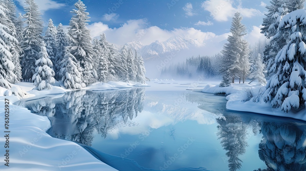 Frozen lake in a snowy forest. Winter, snow, ice, spruce, pine, white tones, landscape, clear and blue sky, mountain background. Tranquility, beauty and grandeur of nature concept. Generative by AI