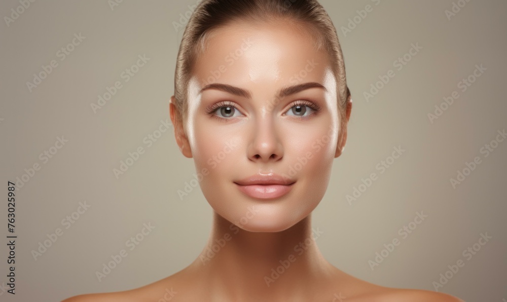 A woman with no makeup on her face is posing for a picture. Generative AI. A woman with no makeup on her face is posing for a picture. Generative AI.