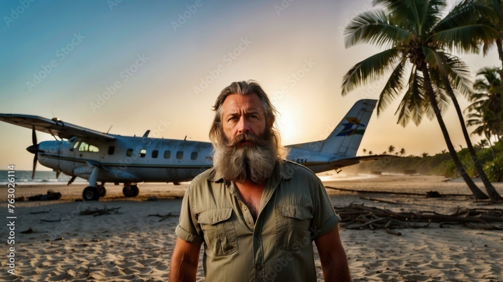 A man with a beard standing in front of an airplane on the beach. Generative AI. A man with a beard standing in front of an airplane on the beach. Generative AI.
