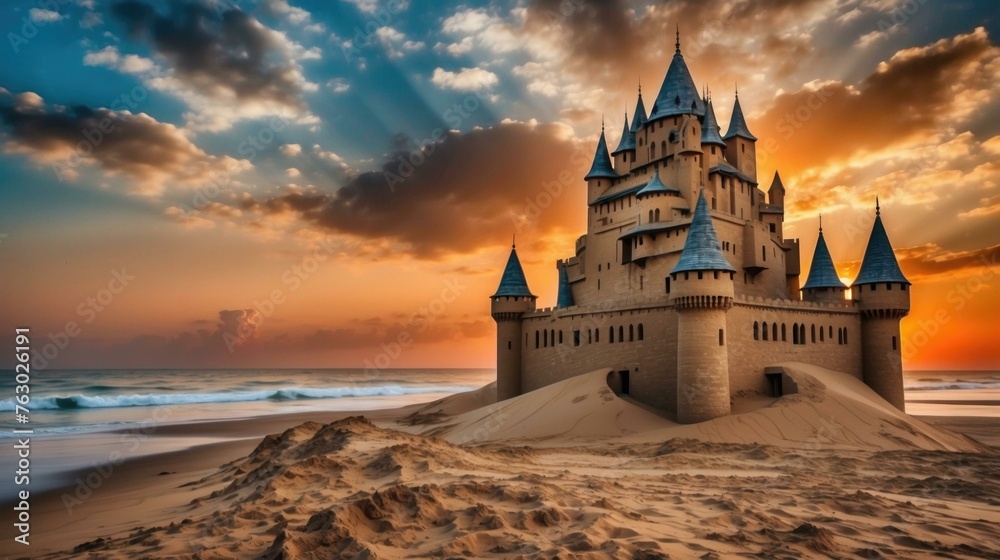 A castle sits on top of a sand dune at sunset. Generative AI.
