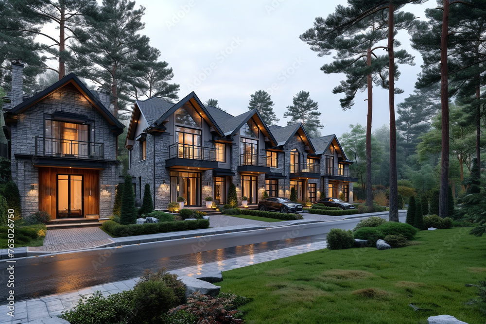A quaint cluster of houses nestled in a forest, surrounded by nature's embrace, offering a serene escape from city life A quaint cluster of houses nestled in a forest, surrounded by nature's embrace, offering a serene escape from city life