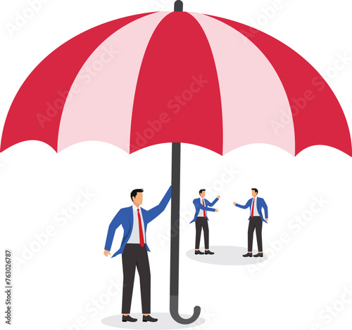 Big hand holding umbrella protecting group of businessmen