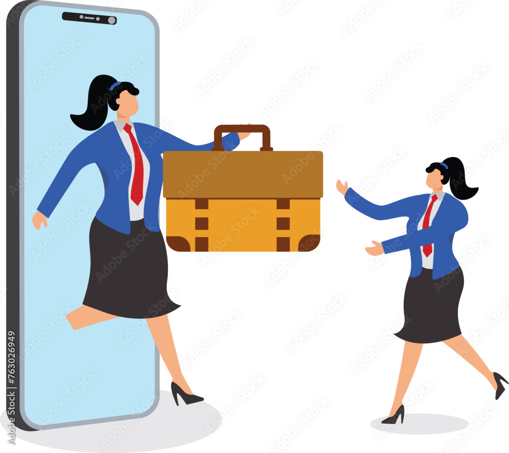 Big hand from smart phone giving briefcase job, outsourcing to businesswoman Big hand from smart phone giving briefcase job, outsourcing to businesswoman