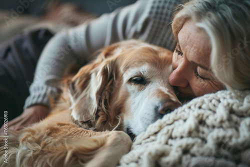 happy senior woman enjoy hug with her dog in the home, love and friendship of human and animal