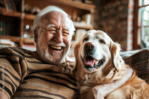 Senior man and his dog laughing and smiling together, love and friendship of human and animal