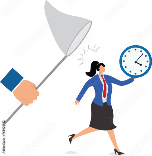Big hand catching an escaping businesswoman holding an alarm clock Time