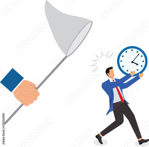 Big hand catching an escaping businessman holding an alarm clock Time