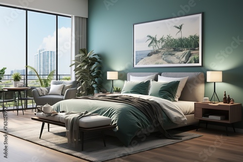 stylist and royal Luxury bedroom interior with minimal decor, loft style, 3d render, space for text, photographic photo