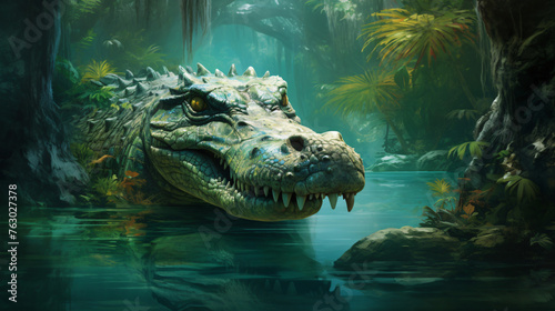 Crocodile emerges from emerald waters a wild jungle background © Cybonix