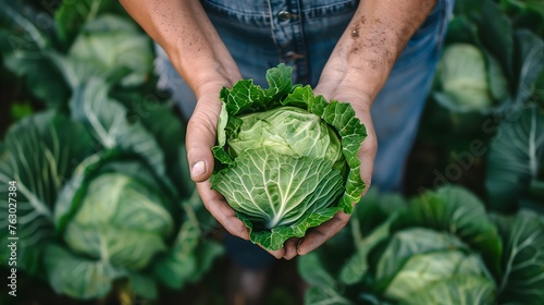 Cabbage Held by Farmer with Both Hand on Cabbage Farmland