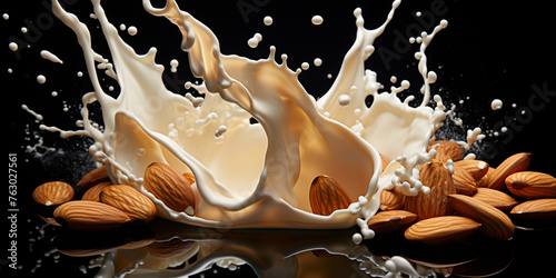  Splash of milk with almond creating a mesmerizing splash amidst the almond .