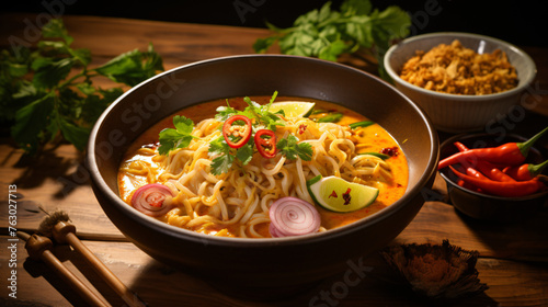Curried Noodle Soup Khao soi on wood table ..