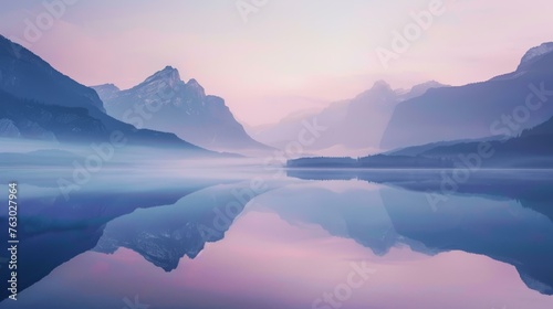 Harmony in nature: A serene background showcasing a tranquil lake, mirrored by majestic mountains under a soft dawn