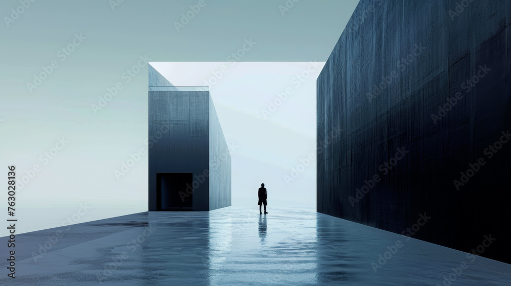 Obraz premium Figure approaching a monumental building in a surreal, misty atmosphere. Architectural visualization with a concept of mystery and exploration