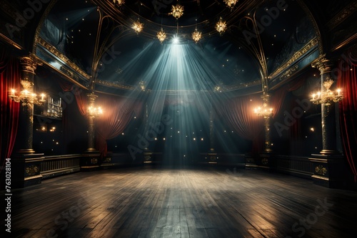 stylist and royal Magic theater stage black curtains Show Spotlight, space for text, photographic