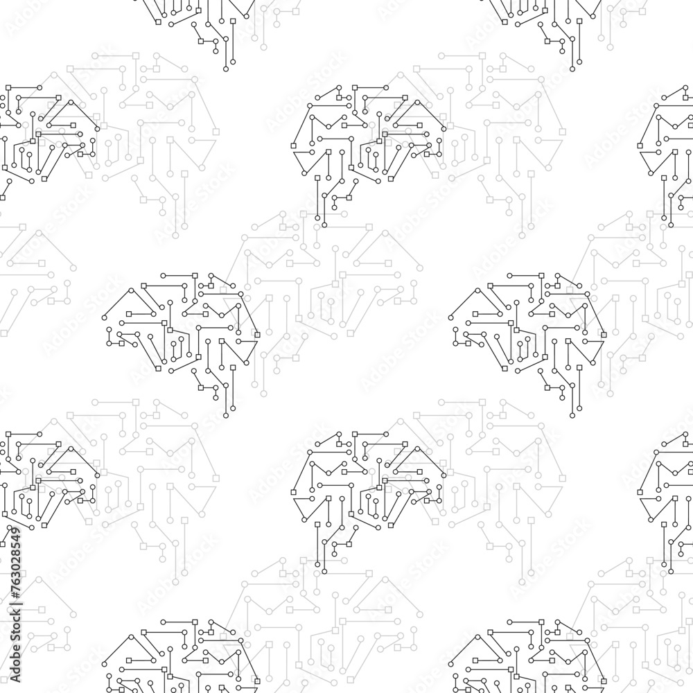 Circuit brain black vector seamless pattern. Brain shape background illustration, wallpaper. Technology, science, futuristic mind