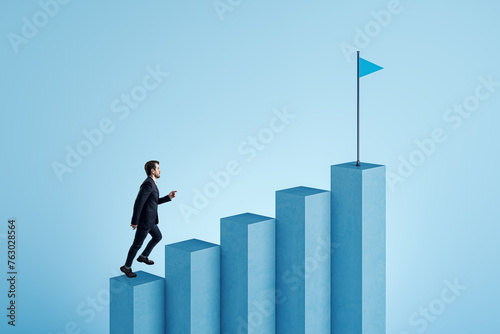 Businessman walking to blue business chart top with flag on white background. Success, financial growth and strategy concept.