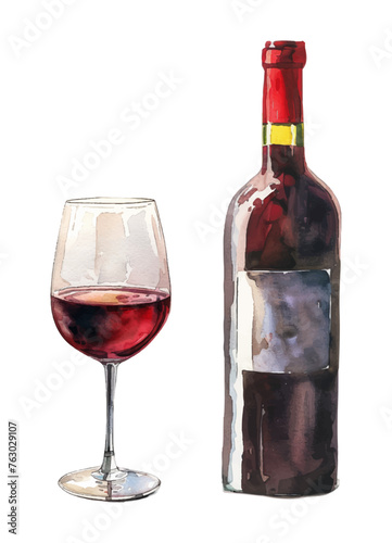Watercolor bottle of red wine with glass decanter. Vintage collectible wine on a transparent background. Vector illustration.