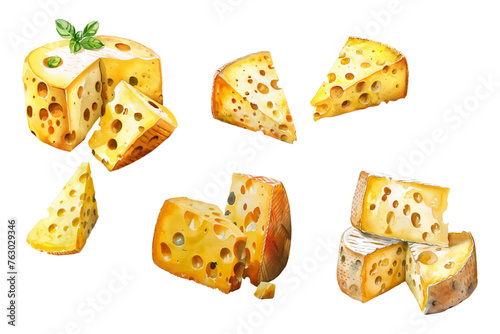 Watercolor set of hard cheese. Old hard cheese divided into pieces. Watercolor yellow cheese with holes. Vector illustration.
