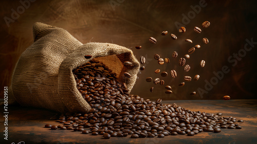 A burlap sack overflowing with roasted brown coffee beans, aromatic fuel for countless mornings photo
