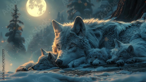 Wolf and Cubs Resting Under Moonlight, Snowy Family Bonding