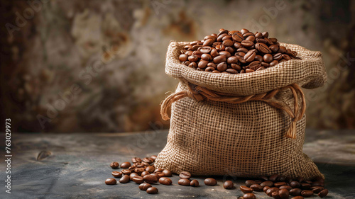 Rich brown roasted coffee beans spill from a burlap sack, their dark aroma promising a delicious and energizing cup of coffee photo