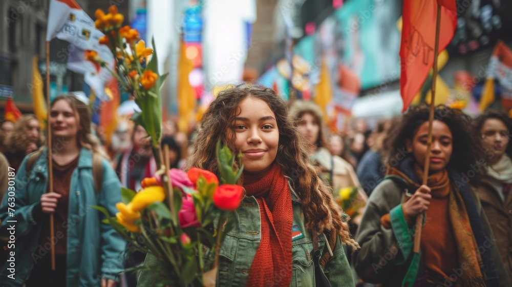 Smiling Young Activist Carrying Flowers at Urban Social Justice Rally

