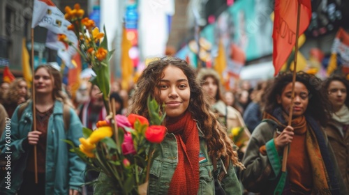 Smiling Young Activist Carrying Flowers at Urban Social Justice Rally

