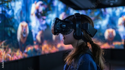 Woman Experiencing Virtual Reality with Vivid Wildlife Imagery

