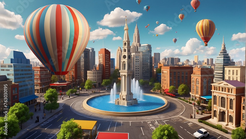 A city square with hot air balloons. photo