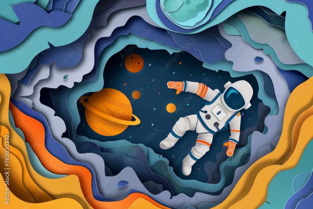 Papercut style of astronaut flying in the universe with planet
