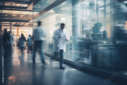 Dynamic photo capturing a rushing doctor in a white coat within a hospital setting, epitomizing urgency, dedication, and professionalism in the healthcare field, portraying the essence of medical urge photo