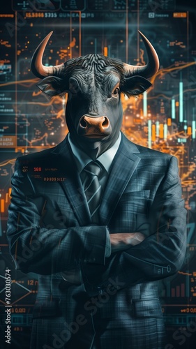 Businessman with bull head standing in office, as bullish market sentiment. Trading charts, concept of financial markets trading, with bulls and bears indicating market trends.