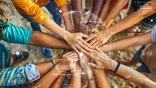 Harmony of human diversity and technology represented by hands united with digital interfaces.