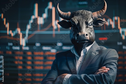 Businessman with bull head standing in office  as bullish market sentiment. Trading charts  concept of financial markets trading  with bulls and bears indicating market trends.