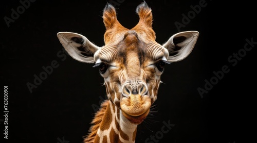 Photo portrait of a giraffe in close-up on a dark background