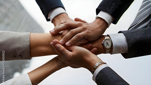 business people making pile of hands