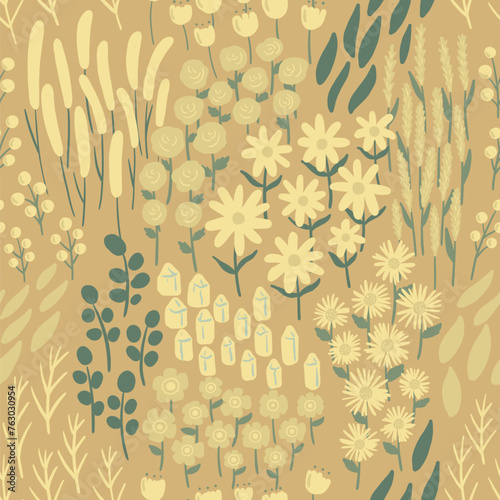 Hand draw flowers in the forest on yellow background art stye seamless pattern